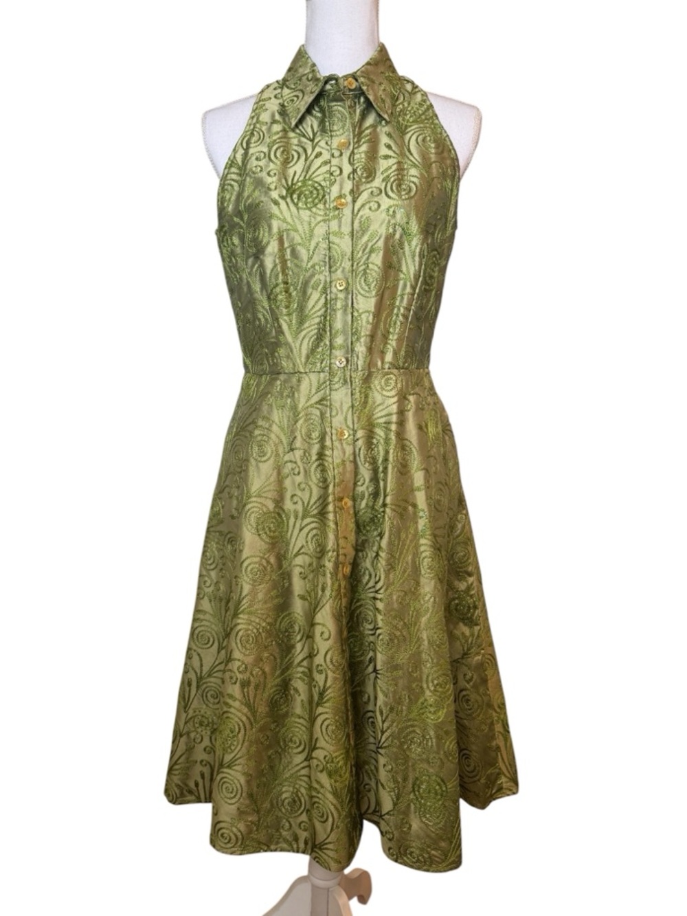Chetta B 100% Silk Embroidered Halter Midi Dress Fairy Cottagecore Whimsy Sequin